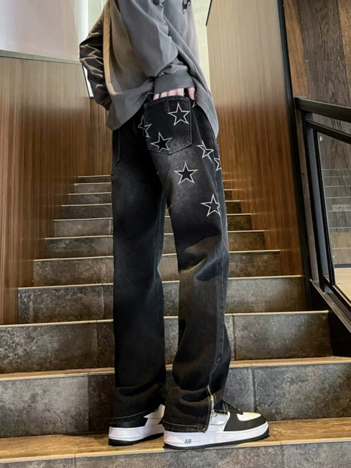 

Bla Embroidered Straight Leg Slim Fit Jeans High Street Vibe Zipper Slit Design for Men And Women Youthful Casual Denim