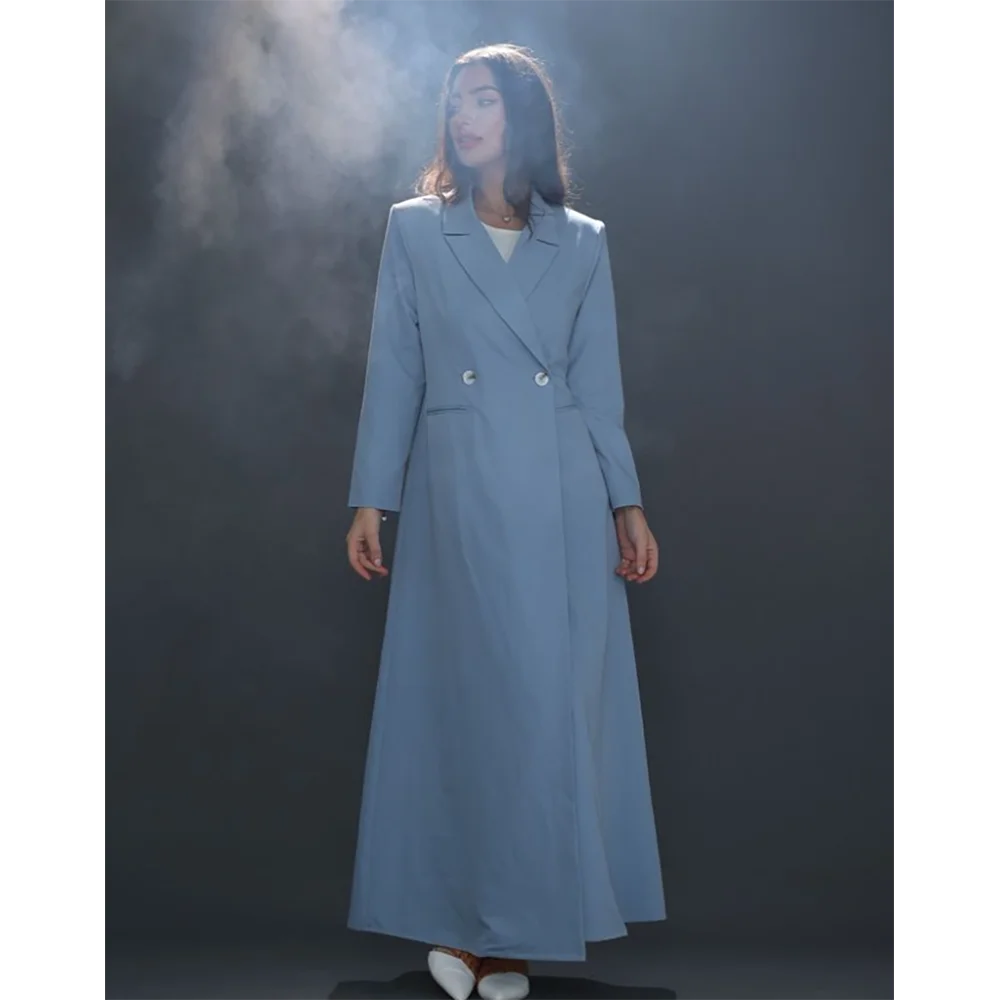 Sky Blue Slim Women Long Jacket Double Breasted Female Daily Coat Formal Ankle Length Dress jaqueta feminina