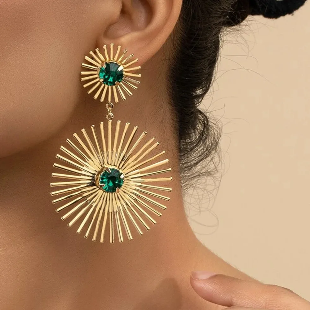 Green Stone Big Metal Dangle Earring Post For Women Gold Color Vintage Geometric Statement Drop Earrings New Style