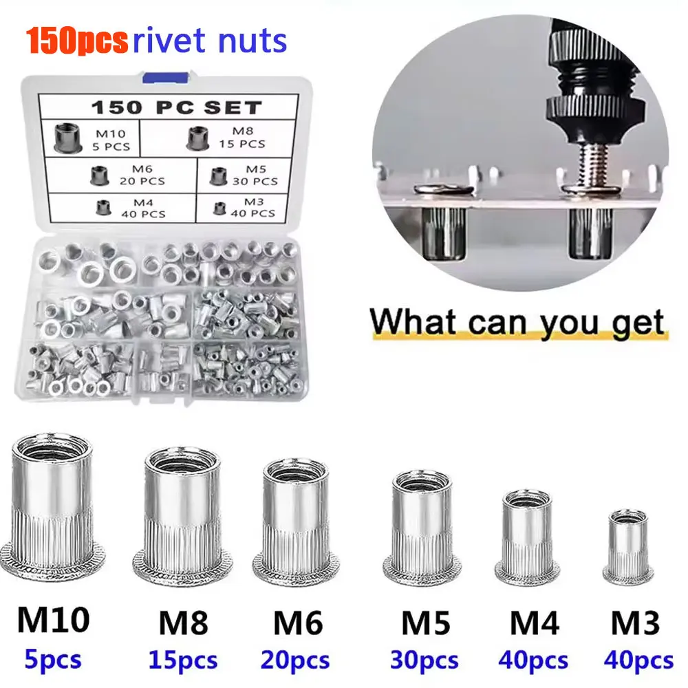 100PCS/150PCS AluminumNut Tool Kit Metric Combination Set Aluminum Knurled Flat Head Thread Insert Nut Set for DIY Projects
