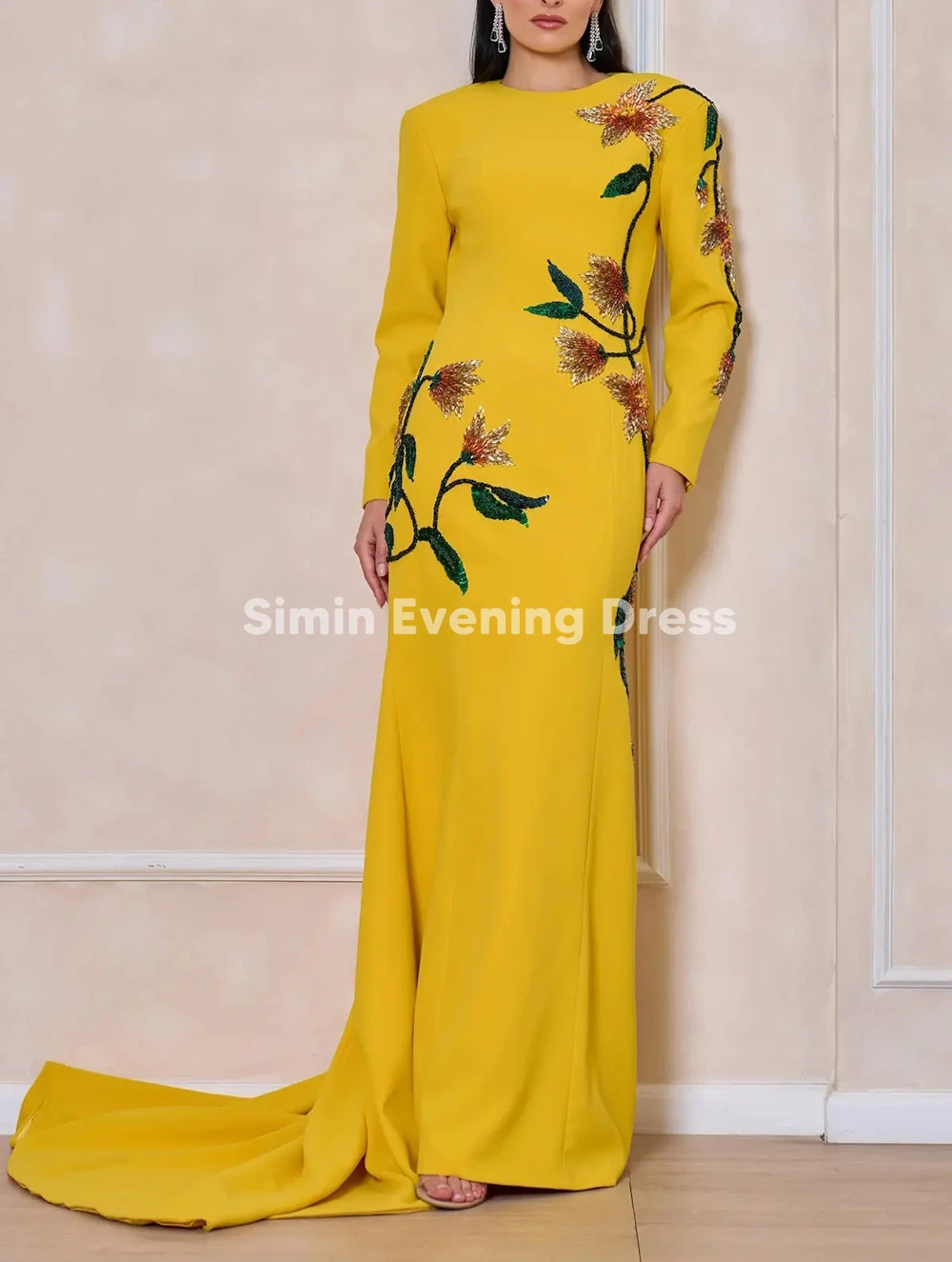 Simin – robe de soirée de forme sirène, drapée, col rond, perles, manches longues, longueur au sol, robes formelles élégantes, personnalisées, 2025