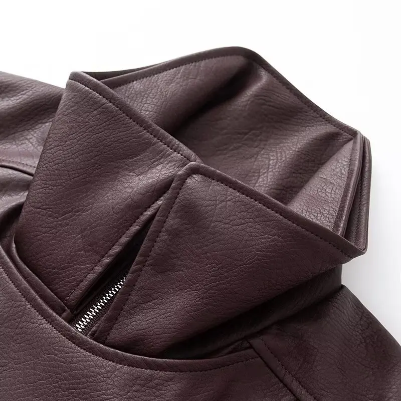 JNLEAOG Damen Faionable Loose Leder Jaet Herbst New Sle Vielseitiges Design Polyesterfaser Long Sve Reißverschluss