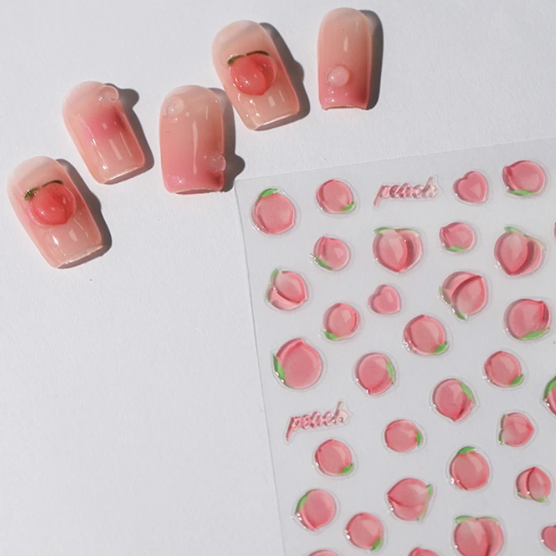 Pink Translucent Peach Jelly Texture 5D Soft Embossed Reliefs Self Adhesive Nail Art Stickers Cute Fruits 3D Manicure Decals