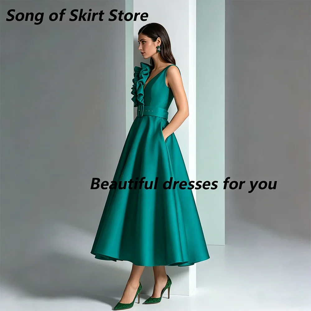 Elegant Mother of Bride Dress for Weddings V Neck Tea Length Wedding Guest Gowns A Line Sleeveless Satin Belt Party Dresses