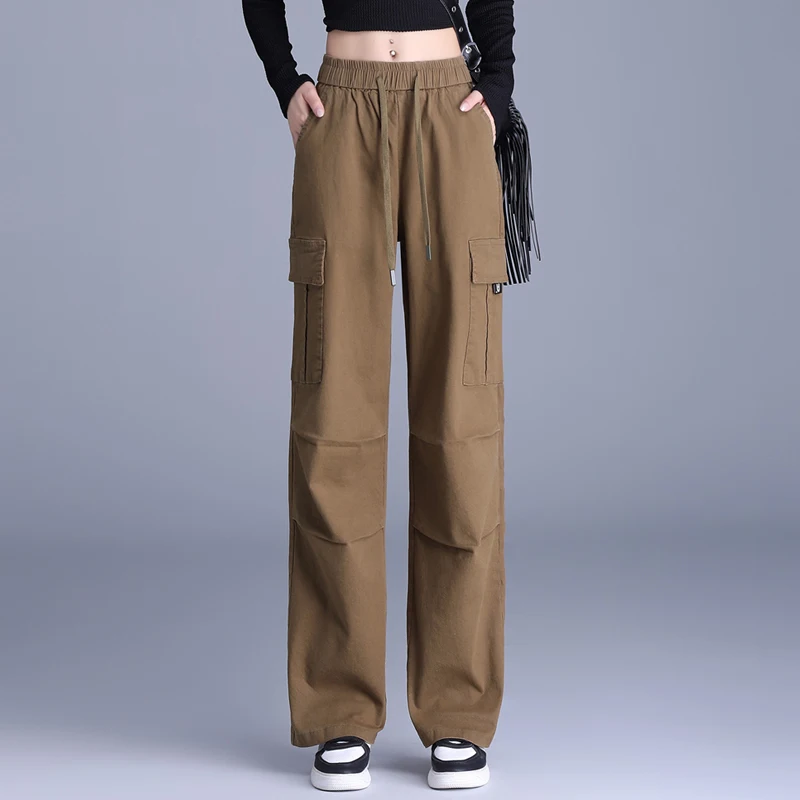 

Высококачественные женские рабочие брюки цвета хаки с эластичным поясом на шнурке, быстросохнущие, прямого кроя, повседневные, Cleanfit Sle