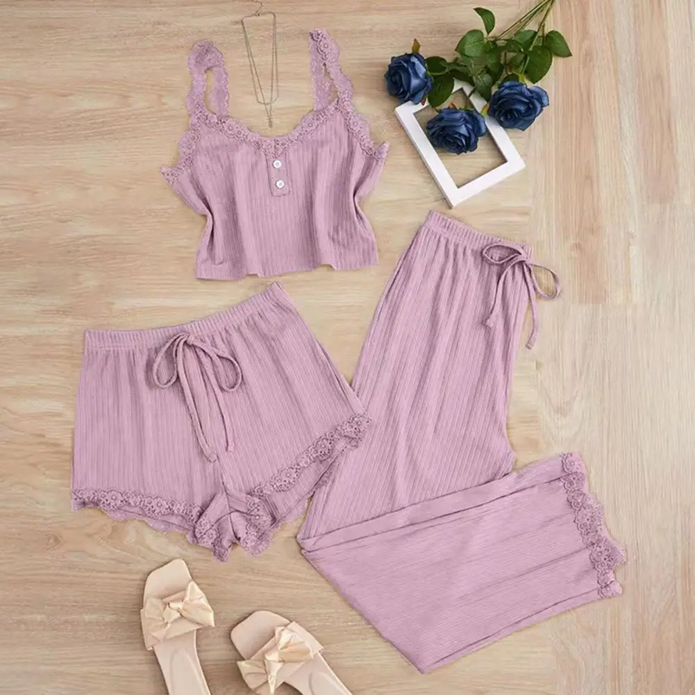 

Age Inclusive Sleepwear Women's Ribbed Knit Pajamas Set 3-piece Lace Trim Cami Top Soft Shorts Long Pants Lounge for Comfortable