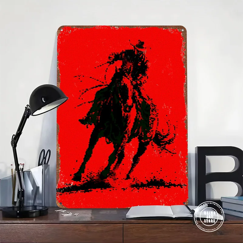 Cowboy on Horseback - Red and Black Tin Poster Customized Wall Art Retro Vintage Metal Signs for Fans Room Custom Plate House