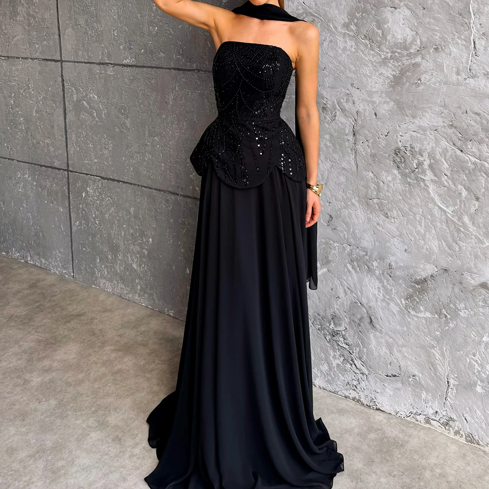 Vestidos de Noche acampanados personalizados, vestido de fiesta sin mangas hasta el suelo sin tirantes, vestido de fiesta drapeado Simple con cuentas y lentejuelas a la moda