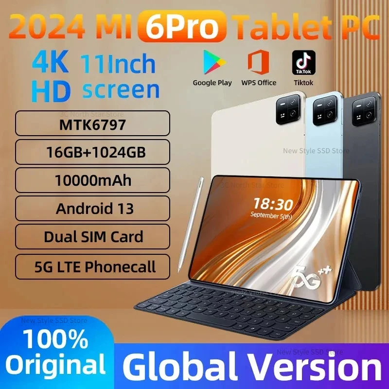 

2024 Global Version Original Pad 6 Pro Tablet 11inch HD 4K Android 13 16GB+1T 10000mAh 5G Dual SIM GPS Bluetooth WiFi Mi Tablet