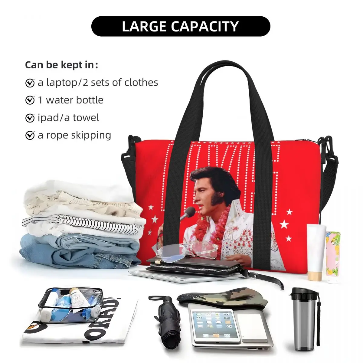 Borsa tote personalizzata Elvis e Rock King da donna Borsa da viaggio a tracolla da spiaggia per cantante americana di grande capacità