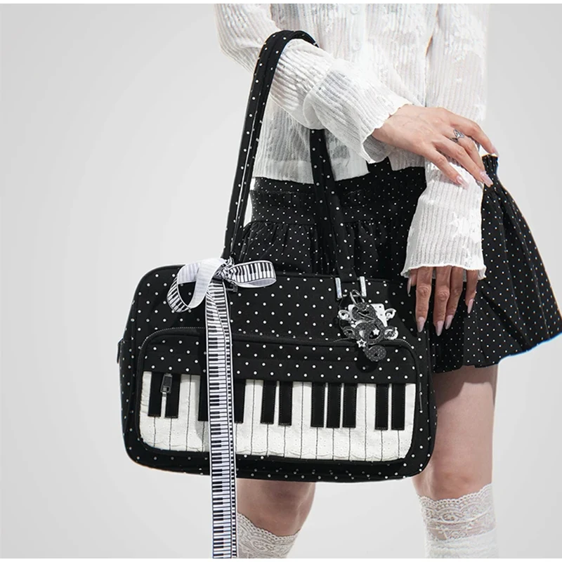 Polka Dot Piano Key Umhängetasche, große Handtasche in Kontrastfarbe, Y2k JK Mädchen-Aktentasche, Damen Wave Point Bowling-Einkaufstasche – Detail 27
