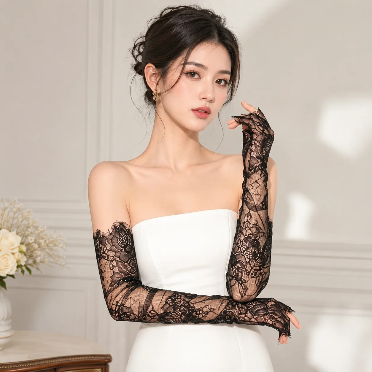 Exquisite Handmade Pearls Ruffle Edge Lace Gloves for Women Mesh Sunscreen Long Gloves Bridal Wedding Arm Sleeves