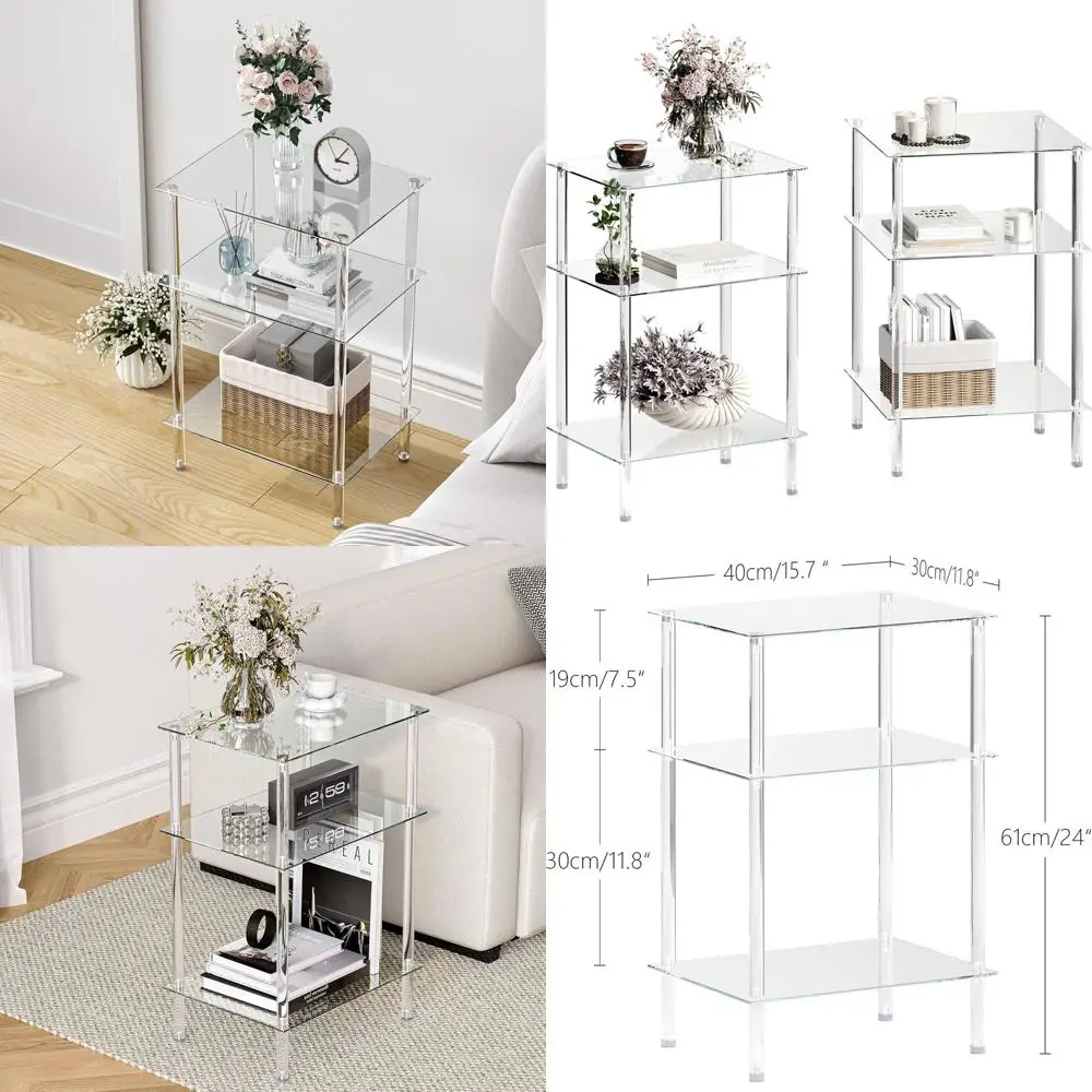 

Set of 2 Clear Acrylic 3-Tier Side Tables with Storage Shelves for Small Spaces, Ideal for Bedroom, Living Room, and Office.