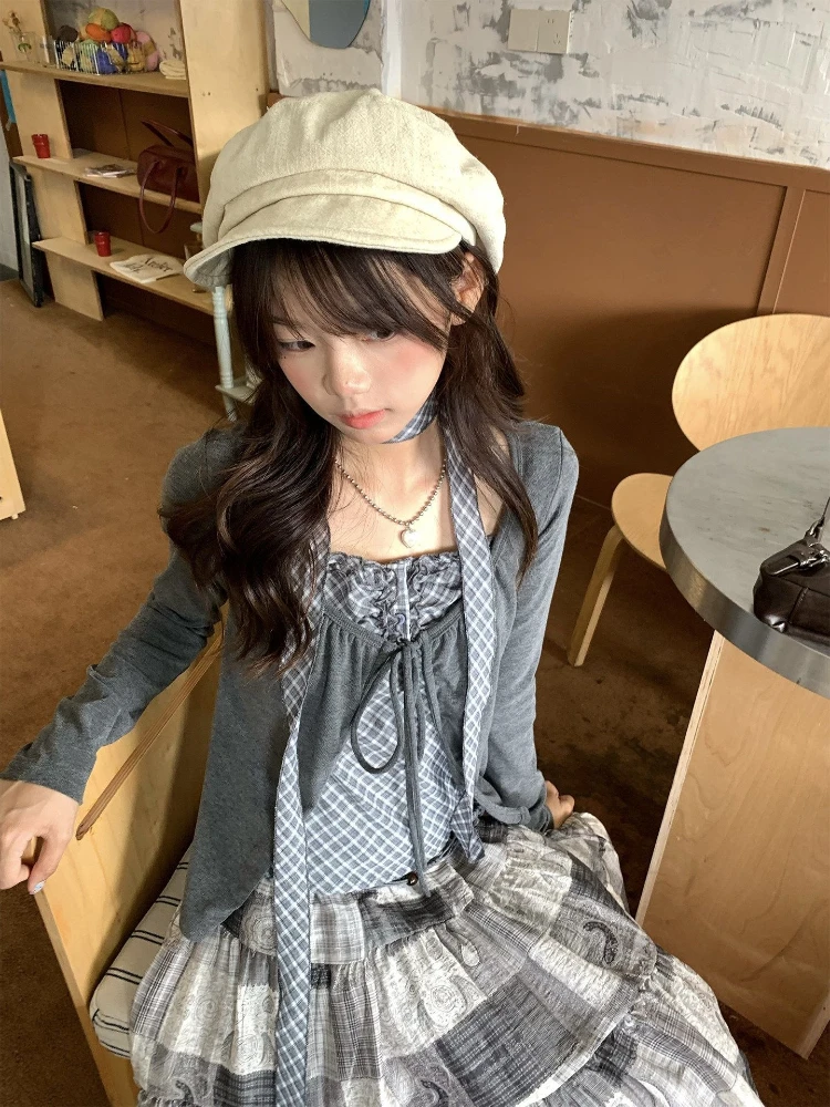 Sweet Kawaii Fake Two Long Sleeve Pullover Tops Girls Subculture Vintage Slim Fit Tees Y2K Lolita Elegant Autumn Winter Daily