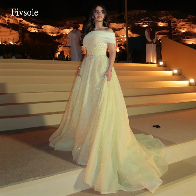 

Fivsole Luxurious Yellow A Line Prom Gowns Off The Shoulder Sequined Party Gown Floor Length Evening Dress Customized