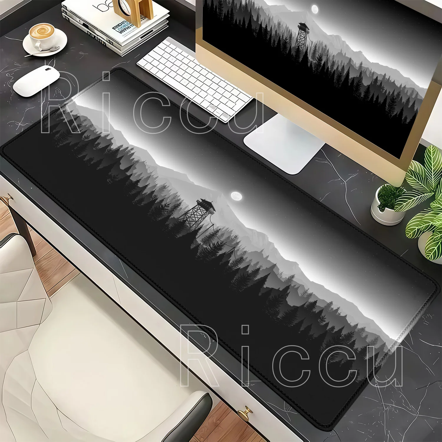 Schwarz-Weiß Firewatch Wald-Sonnenaufgang Mauspad Bürozubehör Kunst-Mauspad Gaming-Tastatur HD-Druck Overlock XXL Schreibtischunterlage