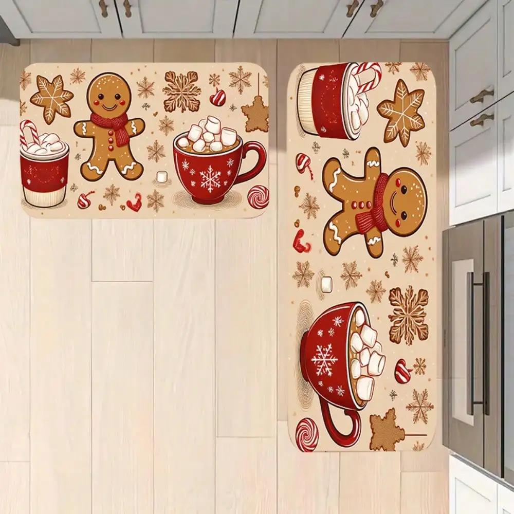 Cozy 3PCS Christmas Area Mats - Gingerbread/Hot Cocoa Pattern Polyester Washable Holiday Decor