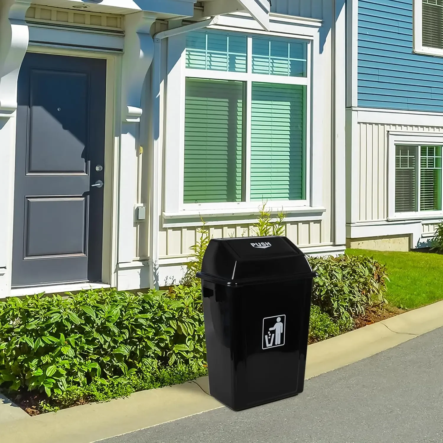 13 Gallon Plastic Trash Bin with Swing Lid, Black Large Garbage Can, 4 Pack