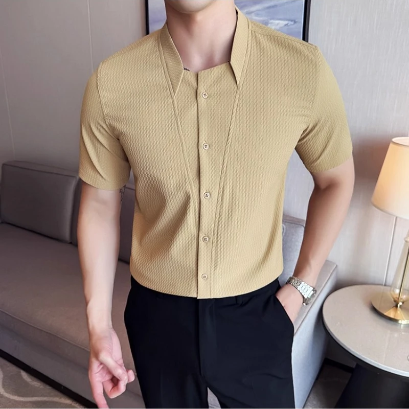 

2025 Summer New Men's Social Shirt Fashion Stand Up Collar Solid Color Plaid Men's Casual Shirt Short Sleeve Slimming Dress 3XL