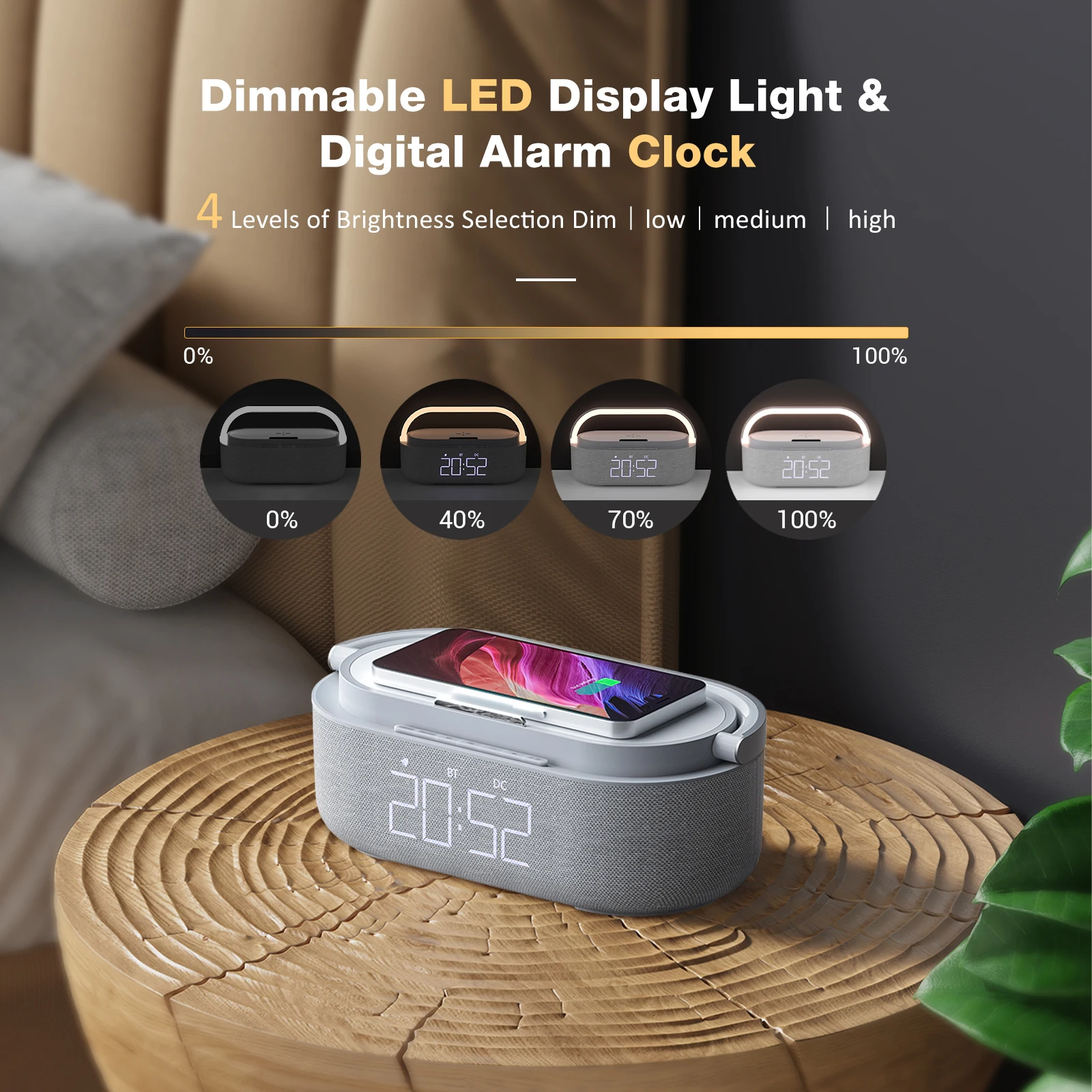 Digital Alarm Clock FM Radio Bluetooth Speaker Wireless Charger Snooze Lamp for IPhone 14/13/12/11 for Huawei P30 Pro Mate 20