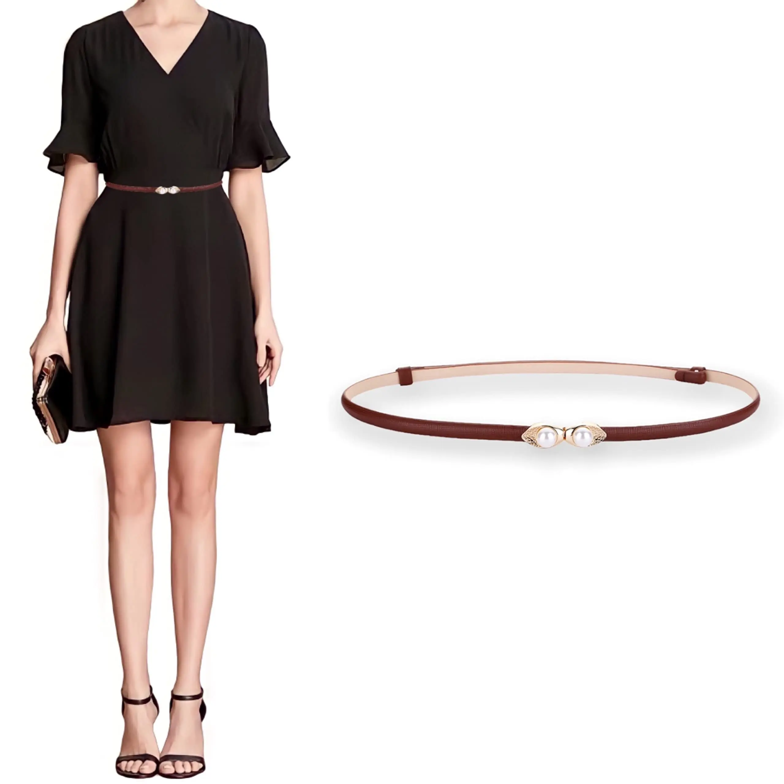 

Women's Belt Skinny Soft Genuine Leather Belts Slim Dress Fashion Waist Belt Gold Solid Pearl Shaped Buckle Waistband