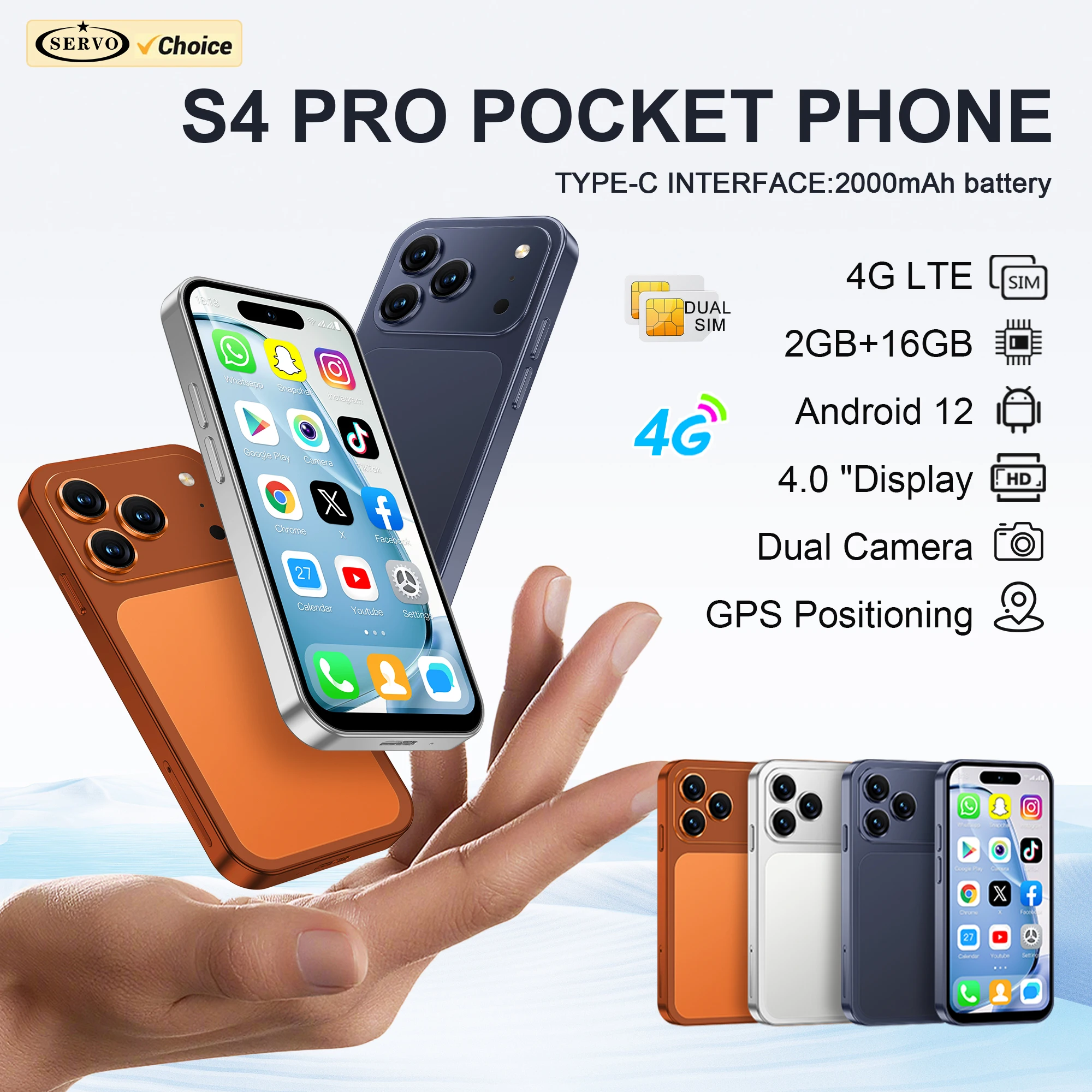 Smartphone Mini Android SERVO S4 PRO 4G LTE 16GB ROM Download de APP Hotspot WiFi 4.0 polegadas Pequeno e Fofo Dual SIM Standby