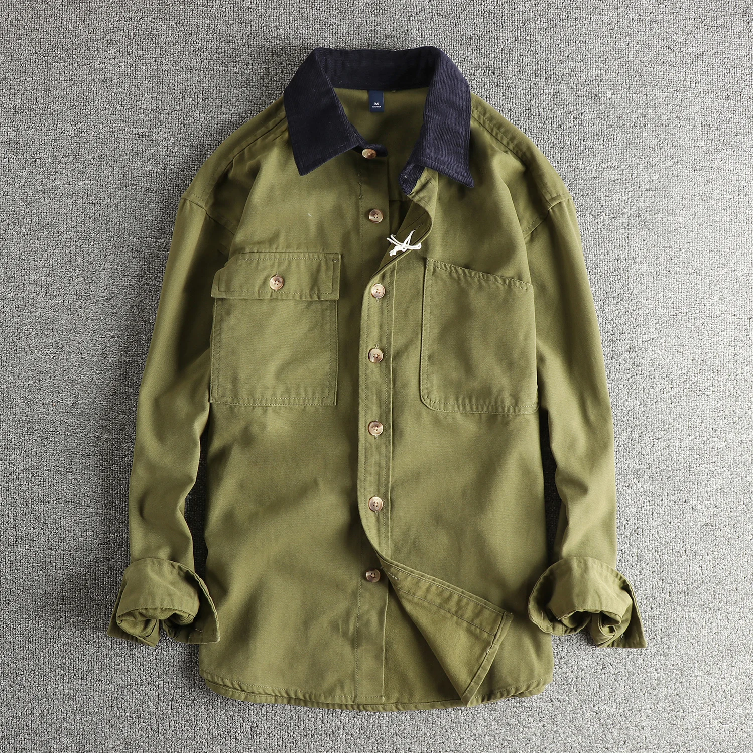 

Corduroy spliced collar retro trendy workwear long-sleeved shirt men's woven pearl sail fabric spring and autumn trendy jacket