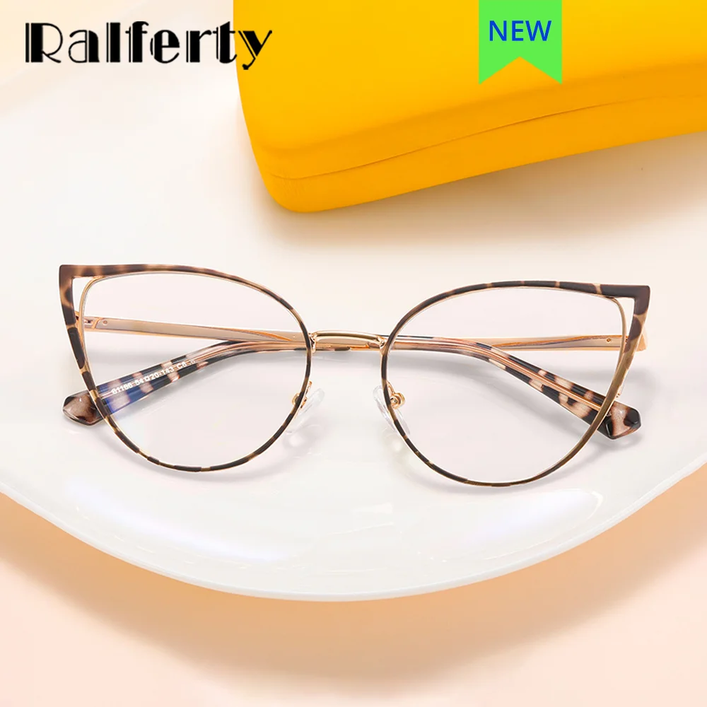 Ralferty w stylu Retro designerska kocie oko kobiet oprawki do okularów kobiet bez stopniowane okulary Vintage damskie metalowe okulary blokujące