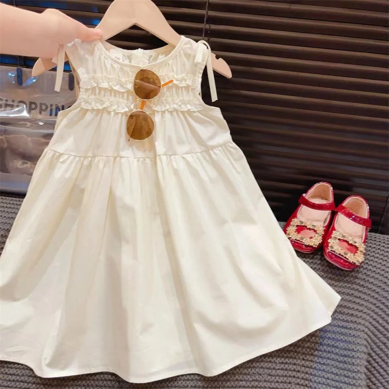 New Girls' Sleeveless Summer Clothes Dress2024Fashionable Children Ruffles Solid Color Vest Simple Dress