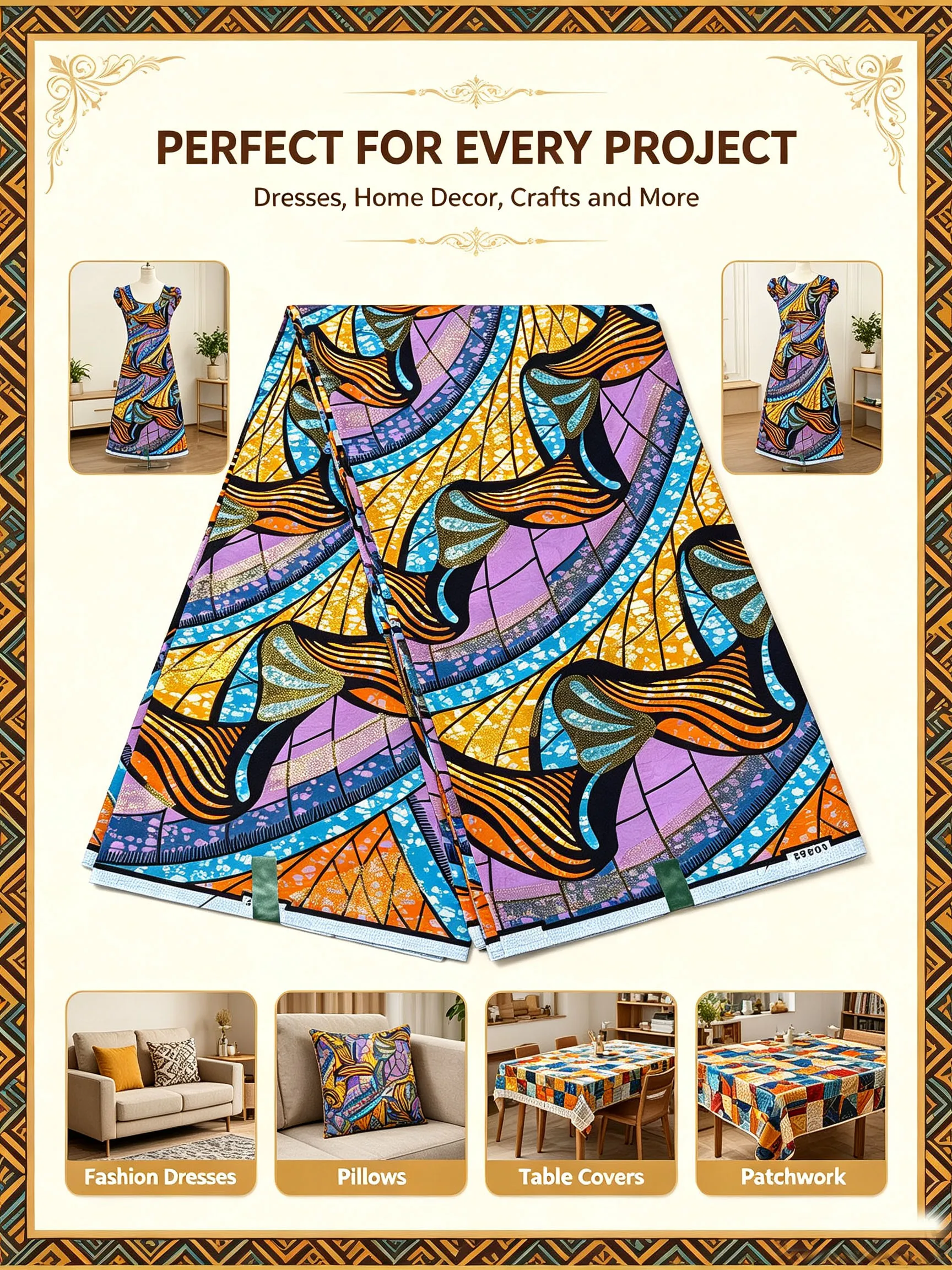 New Golden Glitter African Ankara Wax Fabric 6Yards Vibrant Purple Blue Print Batik Cloth For Women Dress Sewing DIY Pagne Tissu view 5
