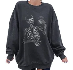 CNACNOO Never Better Funny Skull Print Women Sweatshirts Drop Shoulder Pullovers Vintage Sweatshirt Casual Loose Harajuku Tops