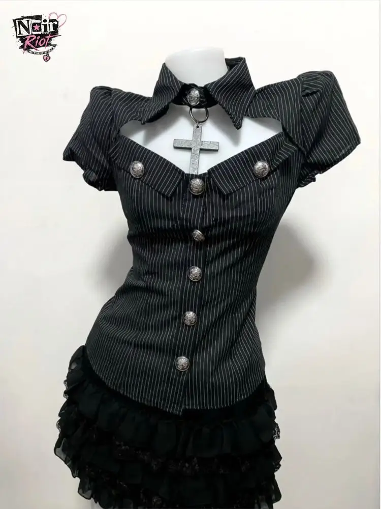 Gothic Lolita Japan Vintage 2 Piece Set Women Striped Puff Sleeve Cross Button Up Shirt Ruffle Mini Skirt Y2K Streetwear Outfits