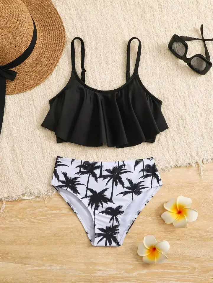 7-12 anni ragazze bambini vita alta volant costumi da bagno estate spiaggia bambini costume da bagno stampa Biquini adolescenti costume da bagno Bikini rosa Set