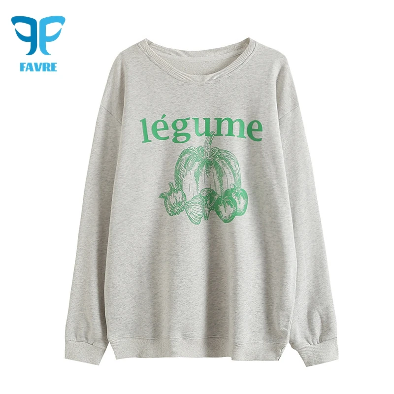 FAVRE Letter Pumpkin Print Sweatshirts Womens Roundneck Drop-shoulder Pullovers Spring Autumn Korean Version Casual Loose Tops