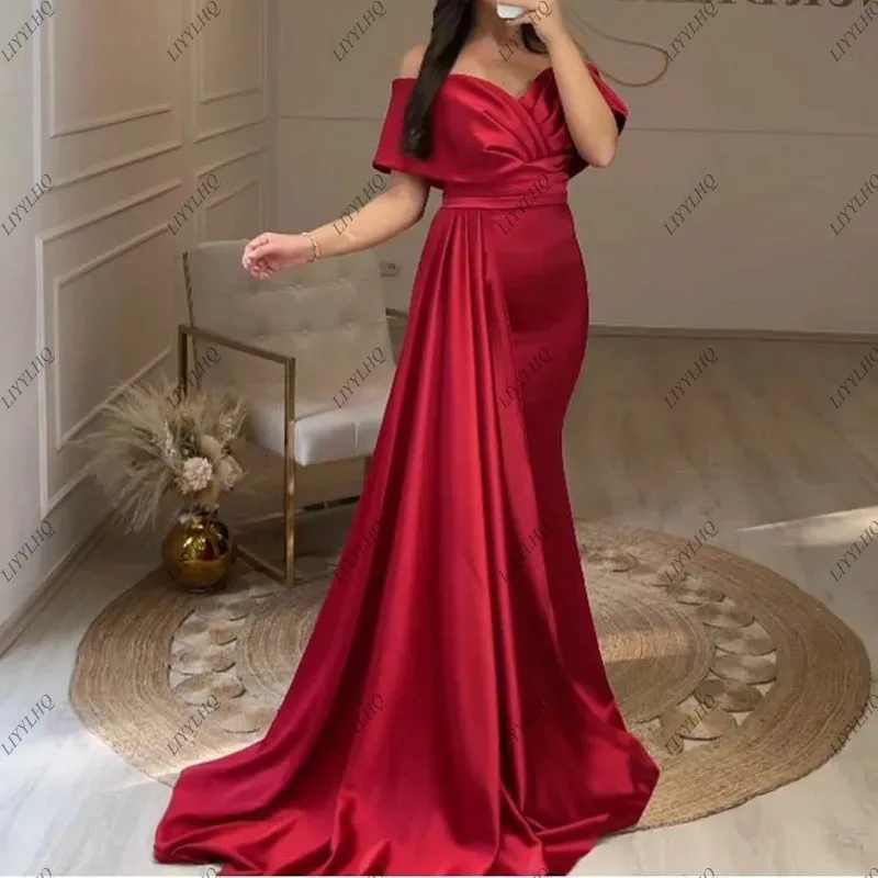 LIYYLHQ Stain Burgundy Prom Party Dresses Off The Shoulder Pleats Formal Mermaid Evening Dress For Women Vestido Fiesta Mujer