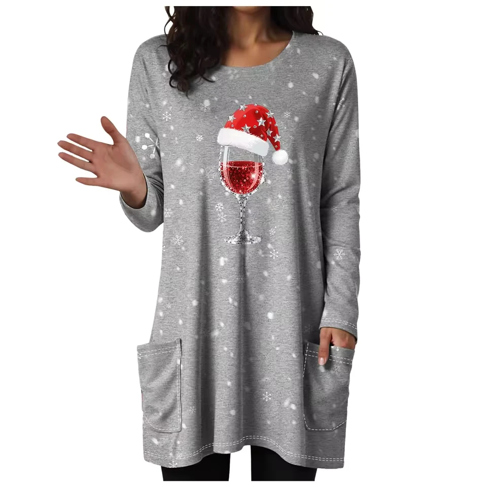 

Ladies Christmas Printed Top Round Neck Long Sleeved Top Pocket Dress Comfortable Cotton Woman Clothes