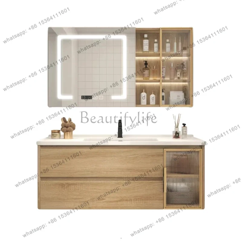 Log color solid wood bathroom cabinet mirror cabinet combination bathroom washbasin cabinet wash table ceramic integrated