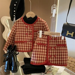 Girls Tweed Padded Cotton Red Plaid Suit Autumn And Winter New Korean Children's Double-Breasted Jacket Skirt Shorts 2pcs Sets