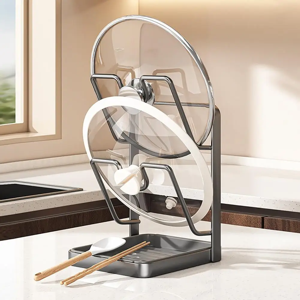 قوي غطاء وعاء رف غطاء وعاء حامل مع مقلاة استنزاف U على شكل الأخدود منظم مطبخ متعدد الوظائف غطاء وعاء ملعقة رف للموقد