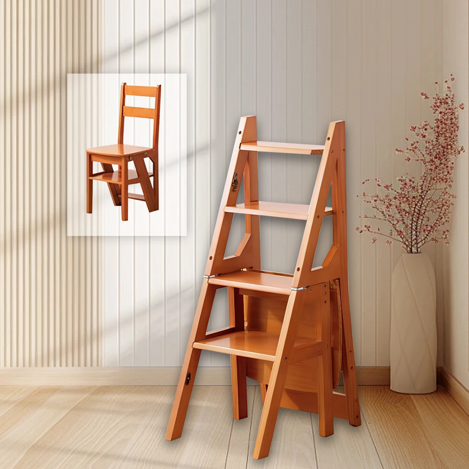 Folding Step Ladder Chair 4 Layer Flower Rack Sturdy Multifunctional Library Stair Chair for Kitchen Yard Home Garden Decoration