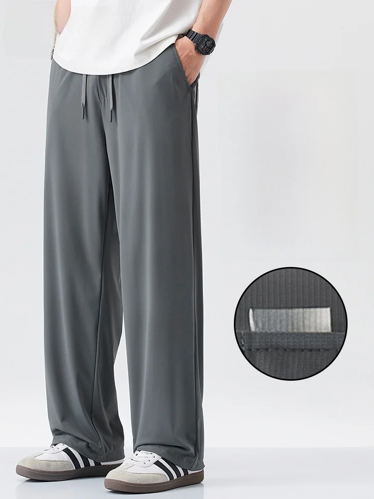 

Мужские летние тонкие свободные дышащие быстросохнущие спортивные брюки из эластичного ледяного шелка с широкими штанинами, модные городские...