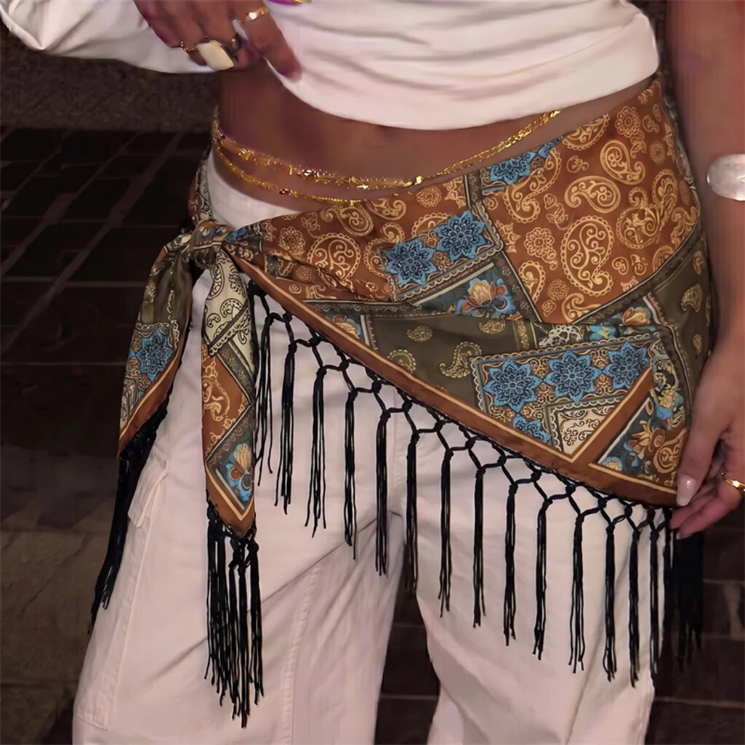 Vintage Paisley Print Tassel Waist Scarf Women Boho Fringe Triangle Wrap Skirt Bandana Y2K Streetwear Hip Hop Belt Cover Up