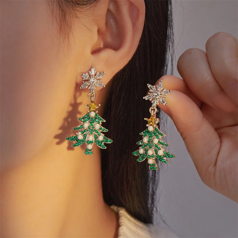 Boucles d'oreilles cloches de noël en strass pour femmes, Imitation de perles exquises, arbre de noël, étoile, bijoux de fête et de vacances