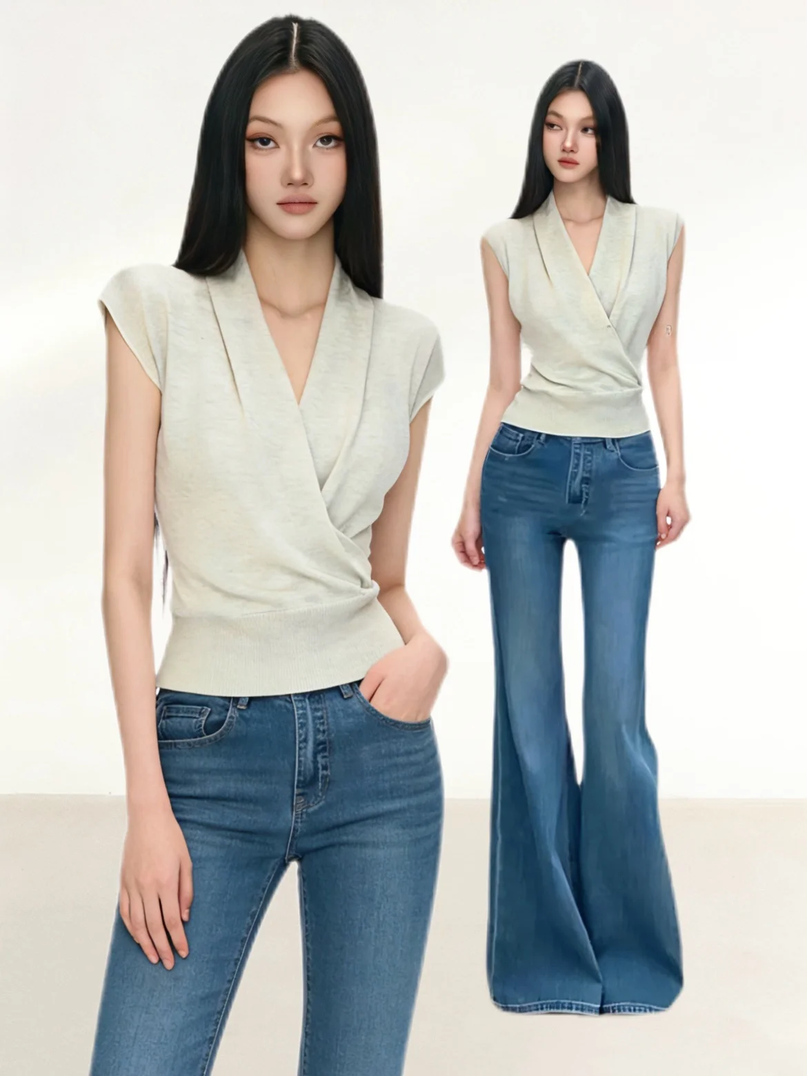 

Elegant V-neck Slimming Top High Waist Wide Leg Pants Set Cross Waist Design Summer Casual Fashion plus Size Women's Ensemble