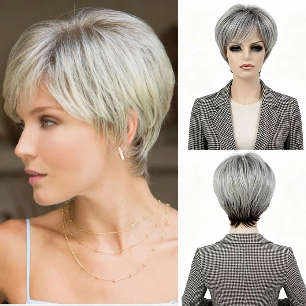 Women Gray Ombre Short Pixie Cut Wig High Temperature Synthetic Hair Wigs With Bangs Daily Fashion Hairstyle For Women