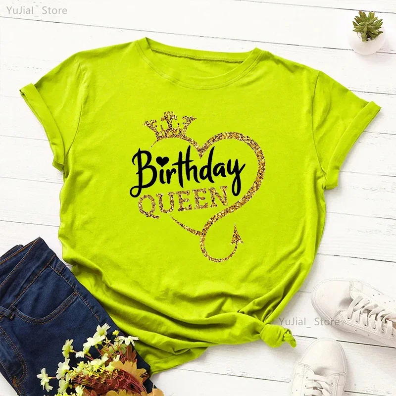 

Birthday Gift For Girls Birthday Queen Graphic Print Tshirt Women'S Clothing Gray/Green/Yellow/Pink/Black/White T-Shirt Femme