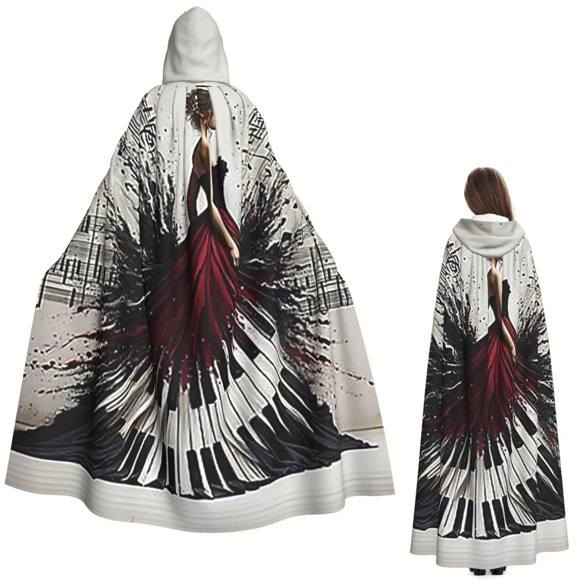 

Красивая леди фортепиано музыкальные ноты, волнистое платье длинный плащ с капюшоном ведьма средневековый костюм косплей накидка Хэллоуин вечеринка для взрослых унисекс