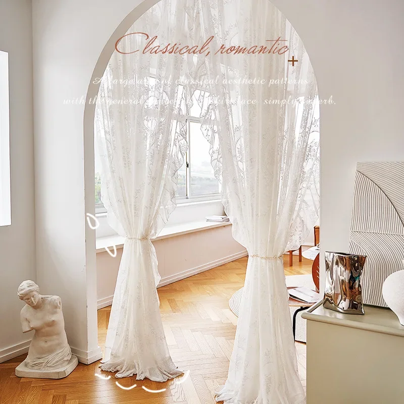 

French Pastoral Lace Gauze Elegant Curtain Rococo Balcony Bay Window Curtains for Living Dining Room Bedroom Villa Study Hotel