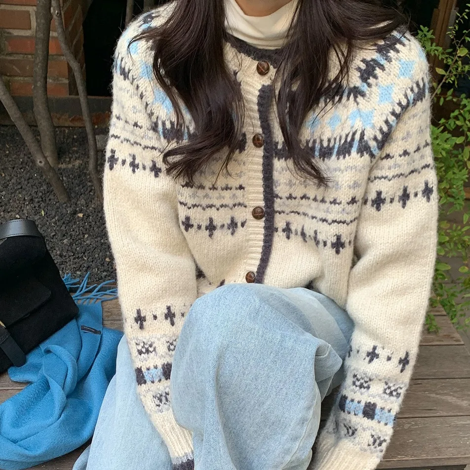 

Women Retro Jacquard Knitted Sweater Jacket Thickened Autumn Winter Loose Knitted Cardigan Kawaii Sweater Cardigan Crop Top
