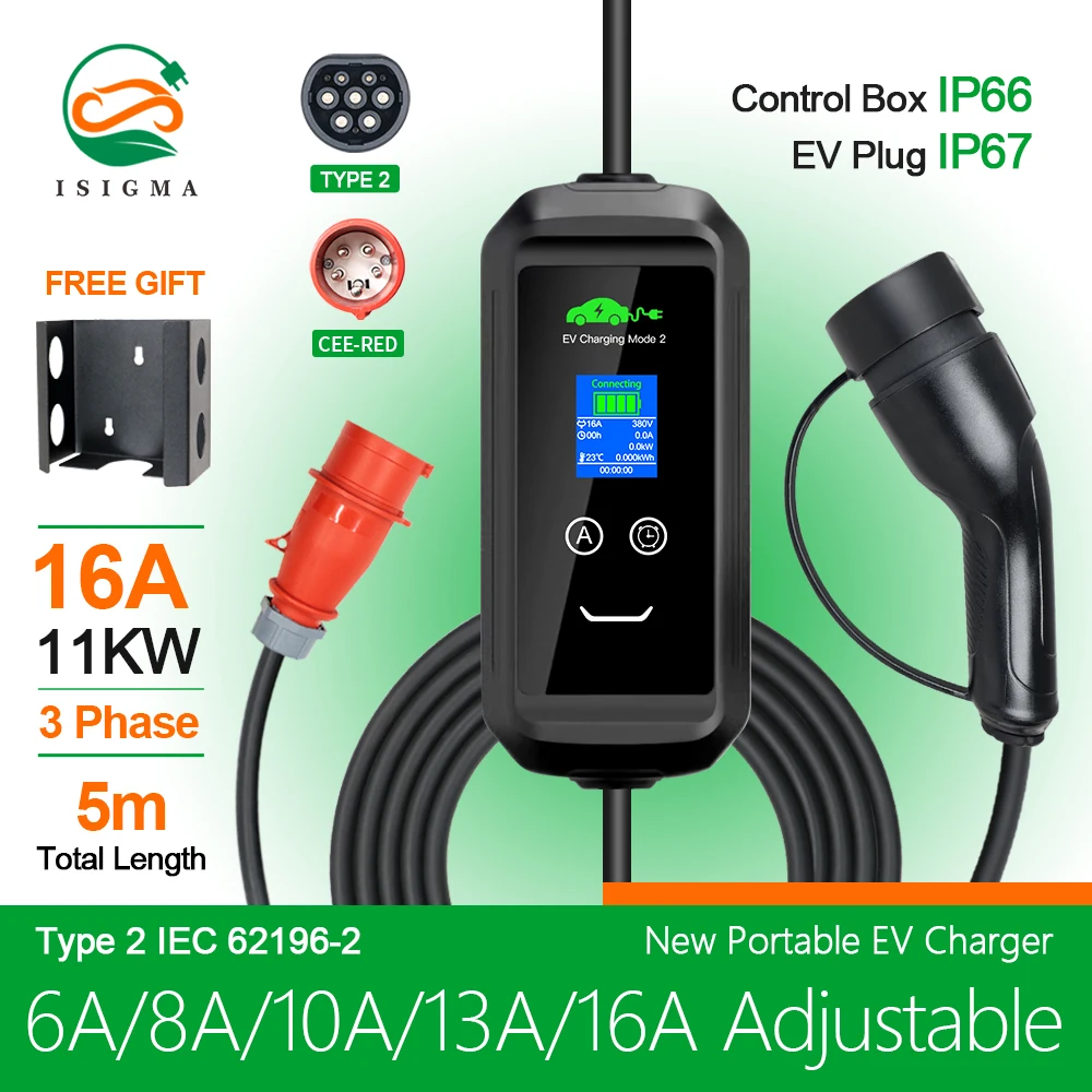 6/8/10/13/16A 3P 11KW Type2 Cable Portable EV Charger with CEE Plug Charging For Eletric Vehicle Hybrid Cars 5M Cable